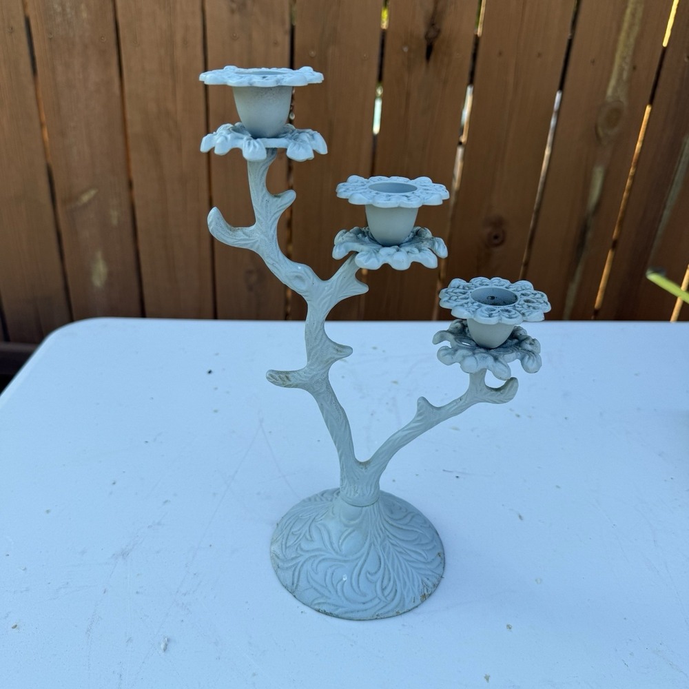 VTG Ornate Candelabra Blue Cast Iron Metal Heavy Cottage Core French